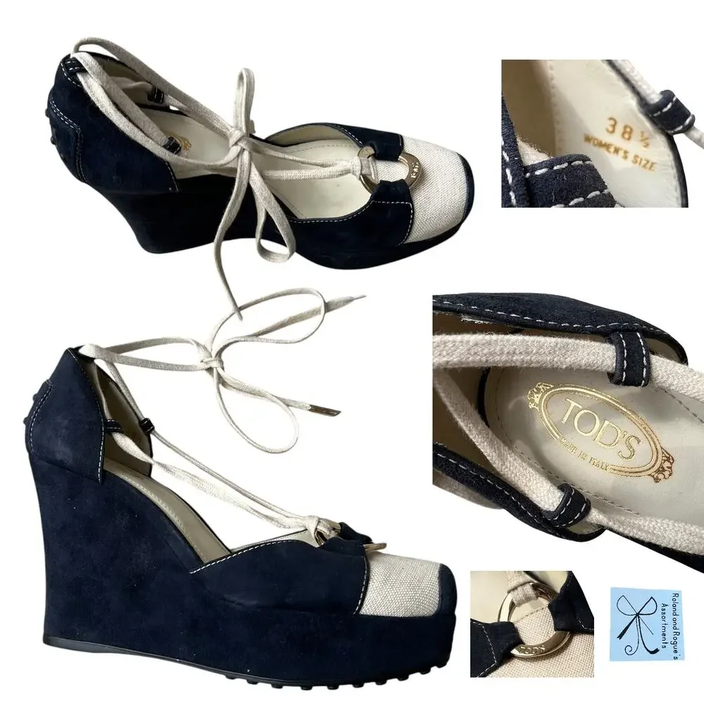 Tod's Made in Italy Nautical Wedge Heels Sz 38.5 As-Is